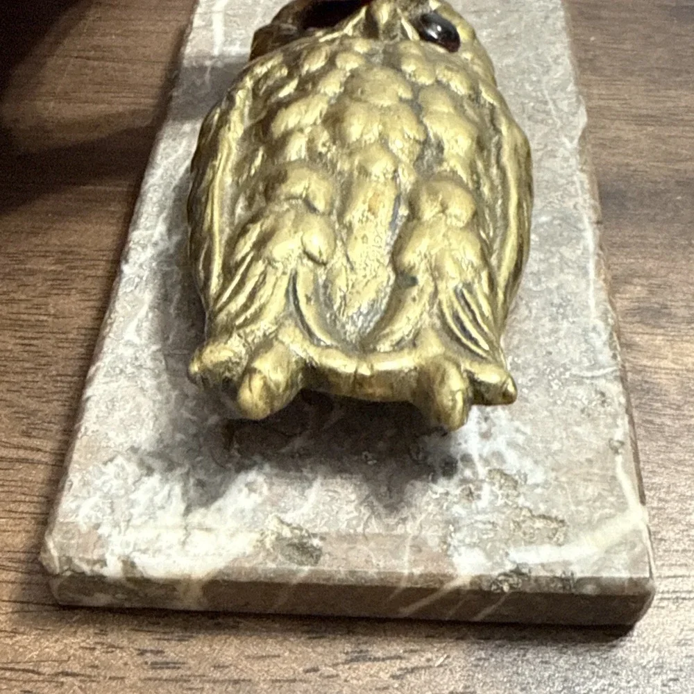 Antique OWL Figural Brass & Marble Desktop Paper Holder Paperclip Vintage Unique